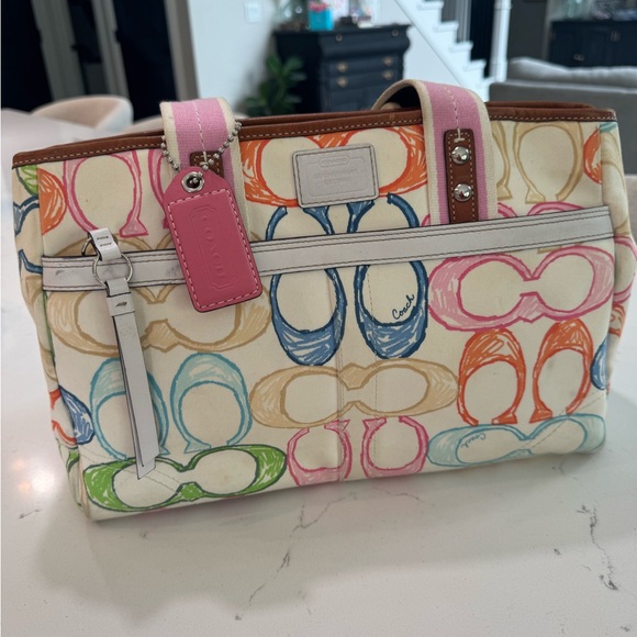 Coach Handbags - Coach Multicolor Scribble Signature Canvas Tote with Pink Accents